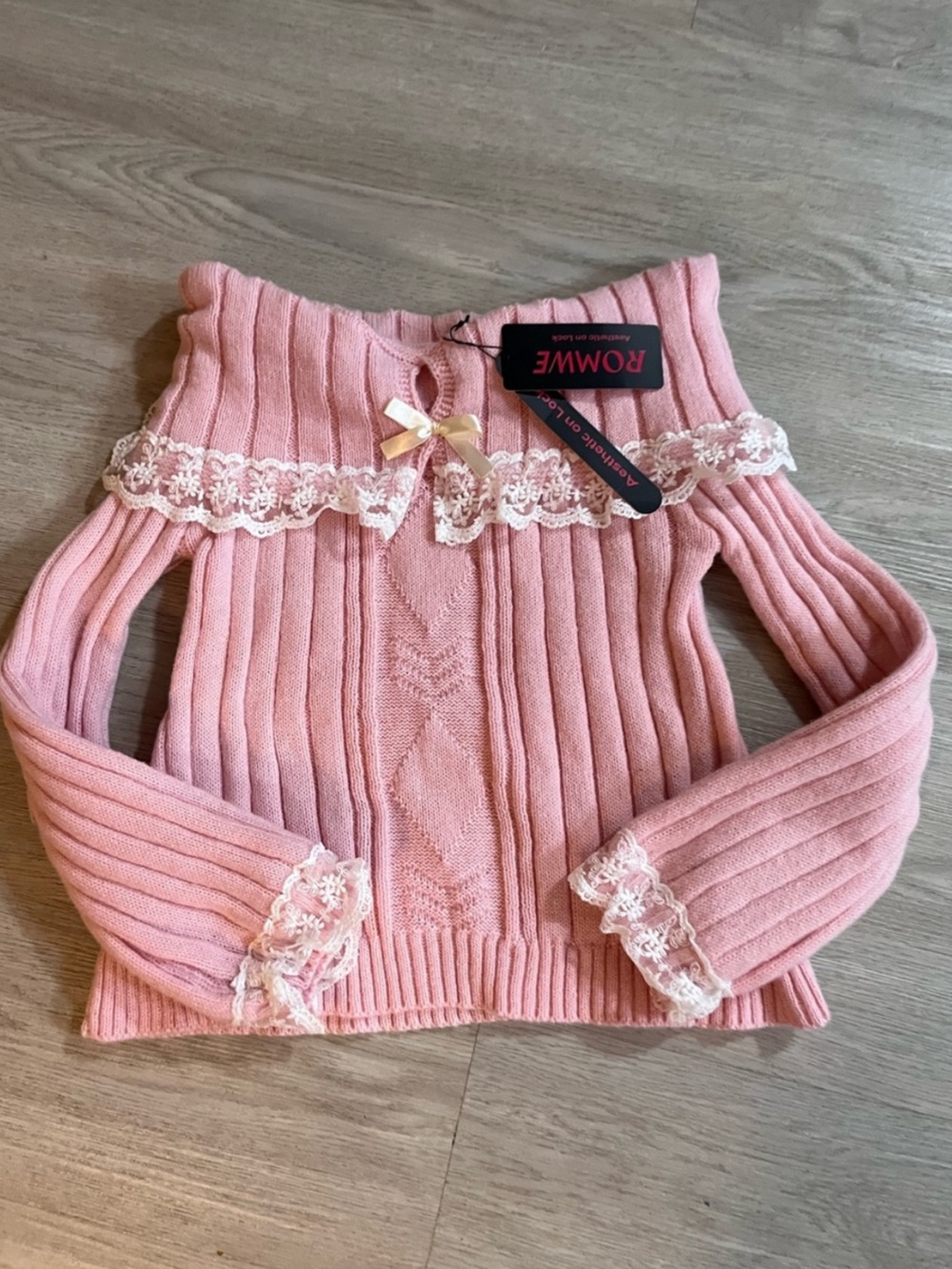 ROMWE Pink Ribbed Off-Shoulder Sweater with Lace Trim and Bow XS